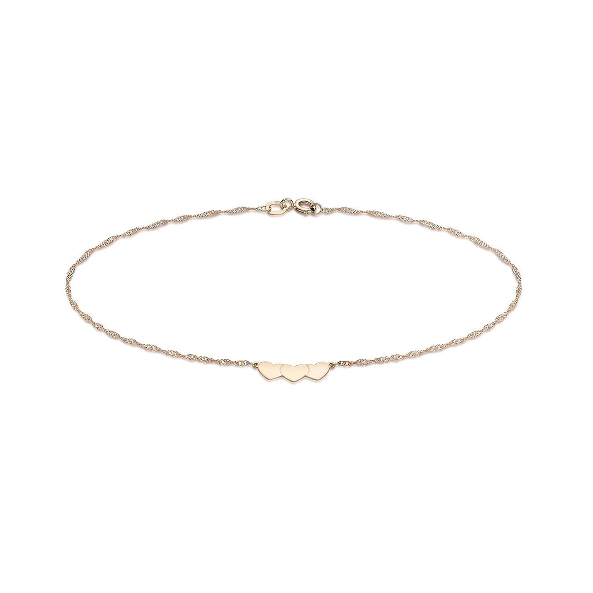 9ct Rose Gold Three Heart Twisted Curb Chain Anklet — 1mm