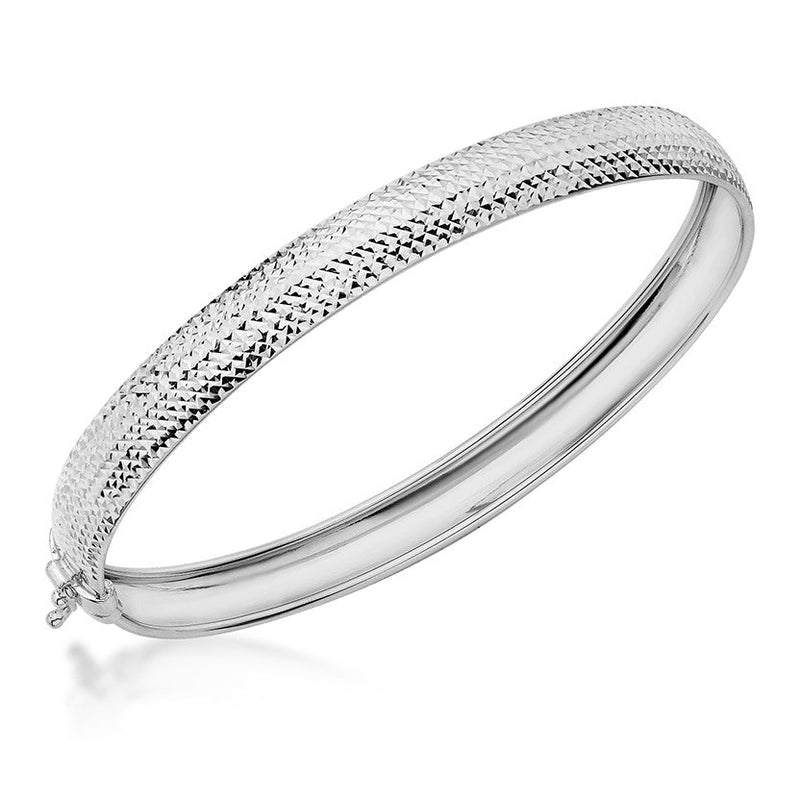 9ct White Gold Wide Half Textured Hinged Bangle - The Fine Jewellery Company