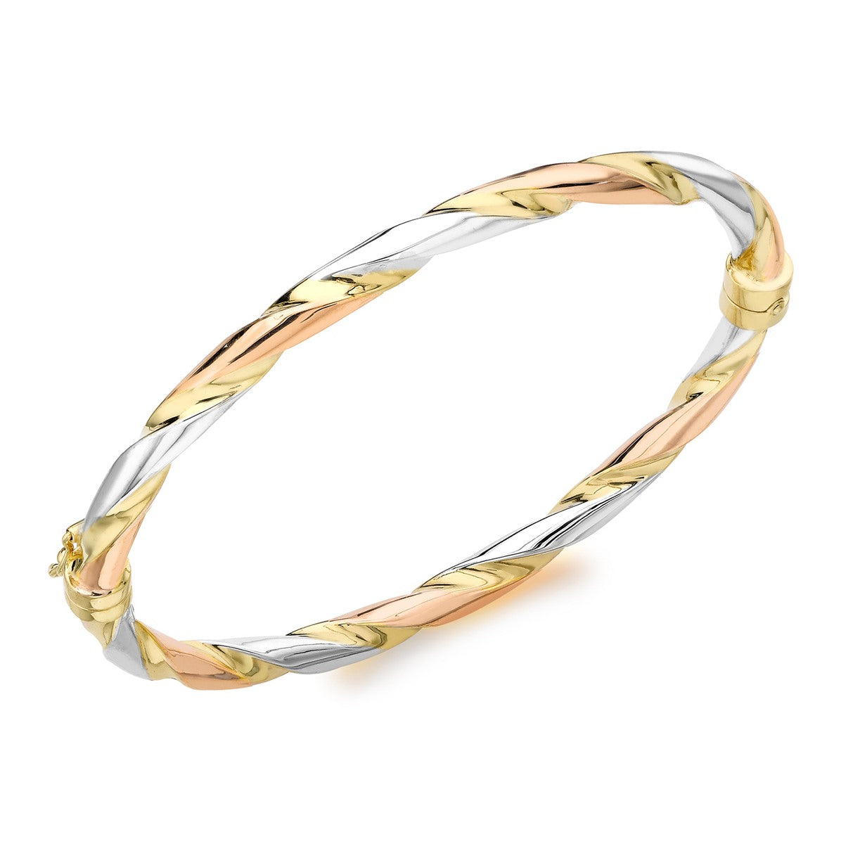 18ct Three Colour Yellow, White and Rose Gold Twist Polished Hinged Bangle - The Fine Jewellery Company