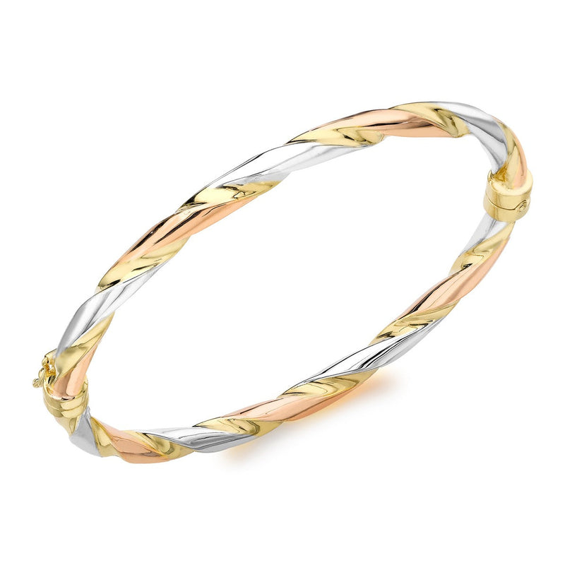 18ct Three Colour Yellow, White and Rose Gold Twist Polished Hinged Bangle - The Fine Jewellery Company