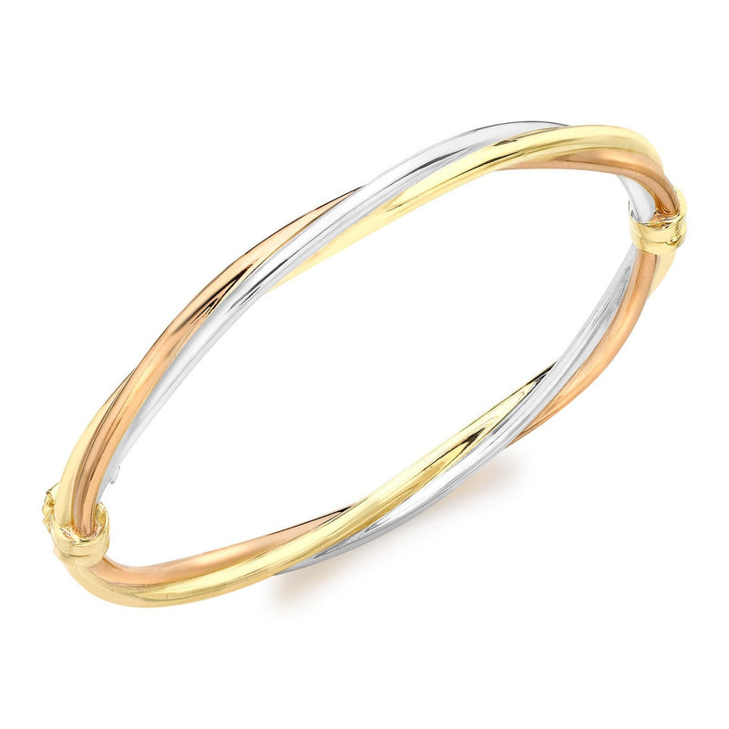 18ct Three Colour Yellow, White and Rose Gold Interwoven Hinged Bangle - The Fine Jewellery Company