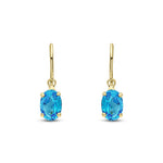9ct Yellow Gold Oval Natural Swiss Blue Topaz Claw Hook Wire Drop Earrings — 7x5mm
