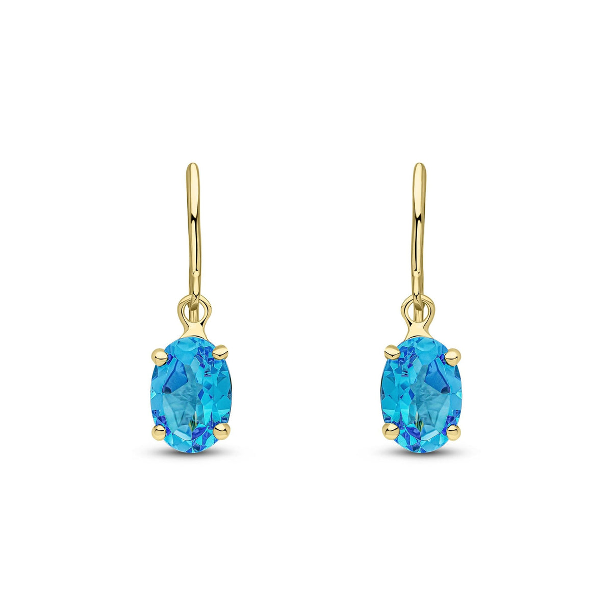 9ct Yellow Gold Oval Natural Swiss Blue Topaz Claw Hook Wire Drop Earrings — 7x5mm