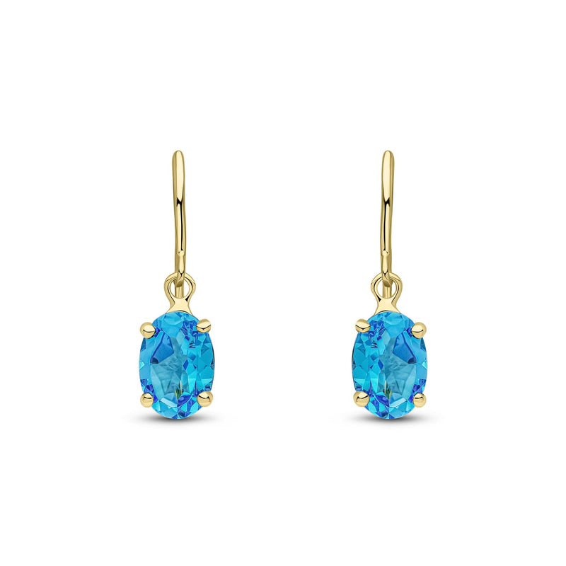9ct Yellow Gold Oval Natural Swiss Blue Topaz Claw Hook Wire Drop Earrings — 7x5mm