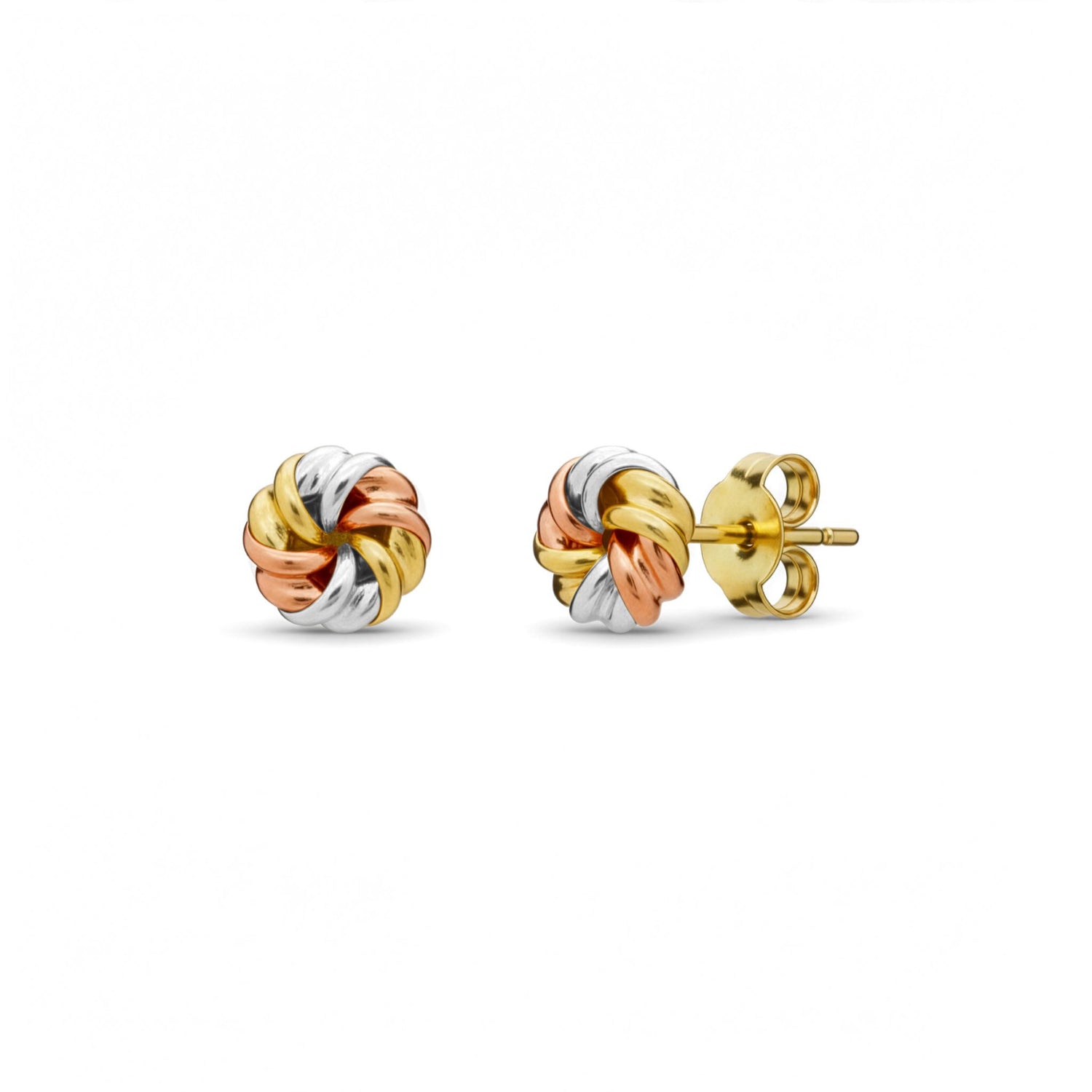 9ct Three-Tone Gold Polished Swirl Knot Stud Earrings — 6mm