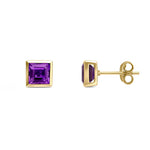 9ct Yellow Gold Square Natural Amethyst Rubover Stud Earrings — 5mm
