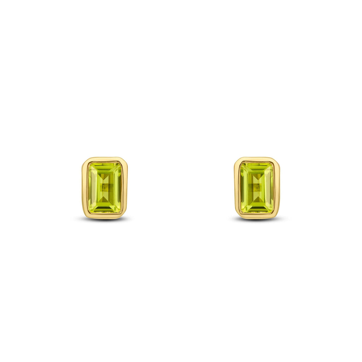 9ct Yellow Gold Octagonal Emerald Cut Natural Peridot Rubover Stud Earrings — 5x3mm