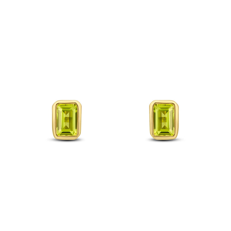 9ct Yellow Gold Octagonal Emerald Cut Natural Peridot Rubover Stud Earrings — 5x3mm