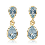 9ct Yellow Gold Pear Shaped Natural Aquamarine Two Stone Rubover Drop Earrings