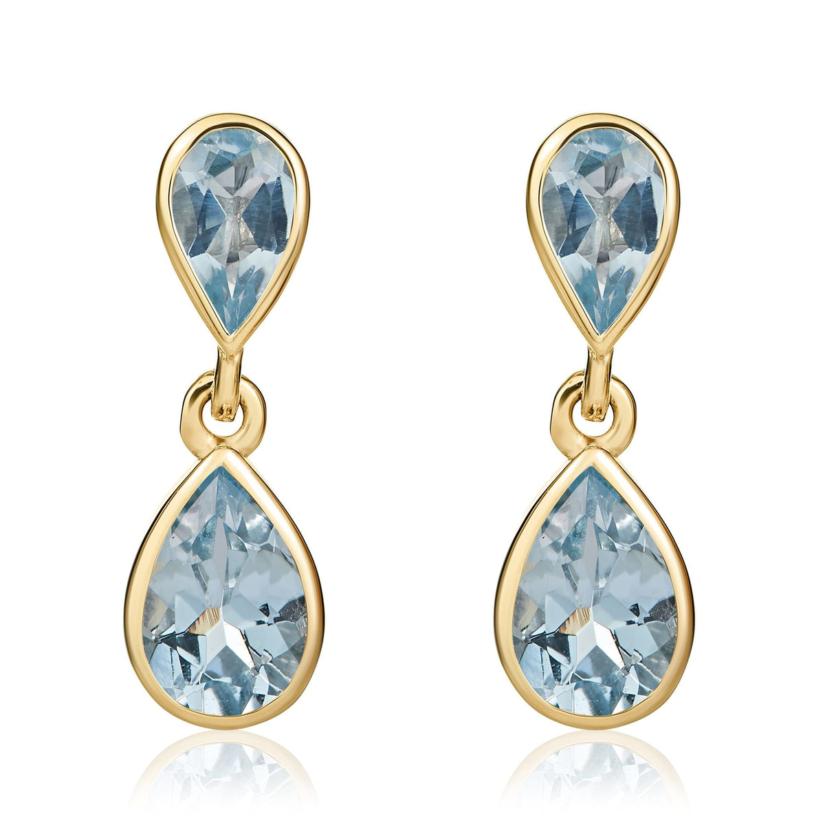 9ct Yellow Gold Pear Shaped Natural Aquamarine Two Stone Rubover Drop Earrings