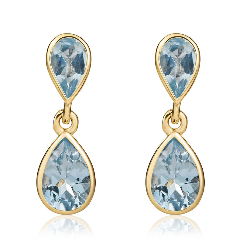 9ct Yellow Gold Pear Shaped Natural Aquamarine Two Stone Rubover Drop Earrings