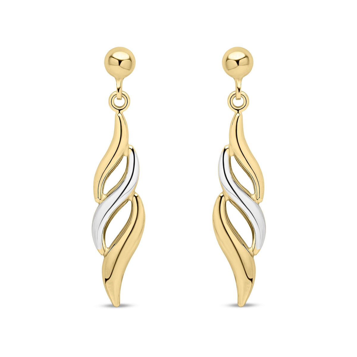 9ct Yellow & White Gold Two Tone Flame Drop Earrings