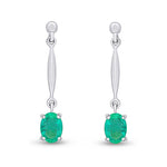 9ct White Gold Oval Natural Emerald Claw Bar Drop Earrings — 7x5mm