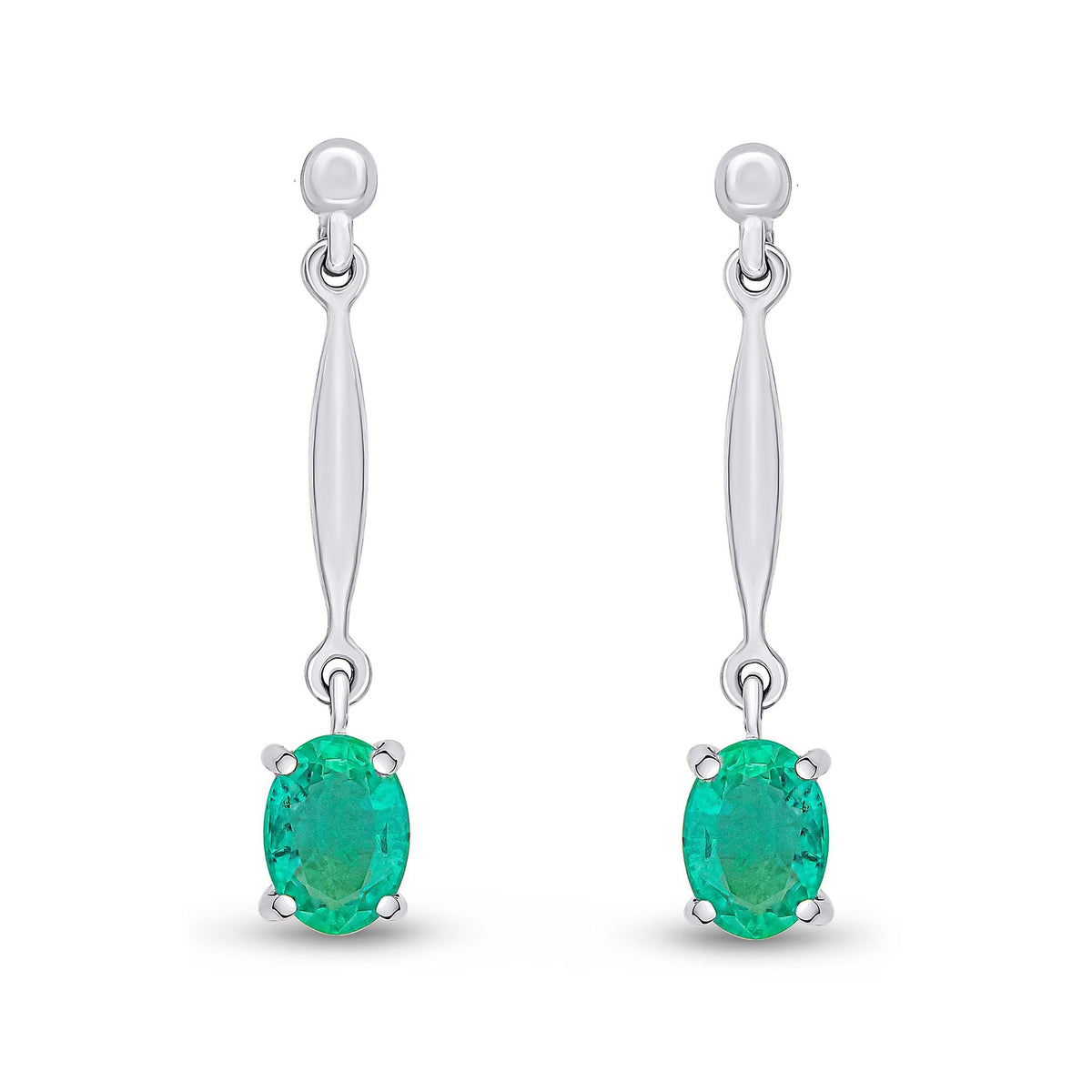 9ct White Gold Oval Natural Emerald Claw Bar Drop Earrings — 7x5mm