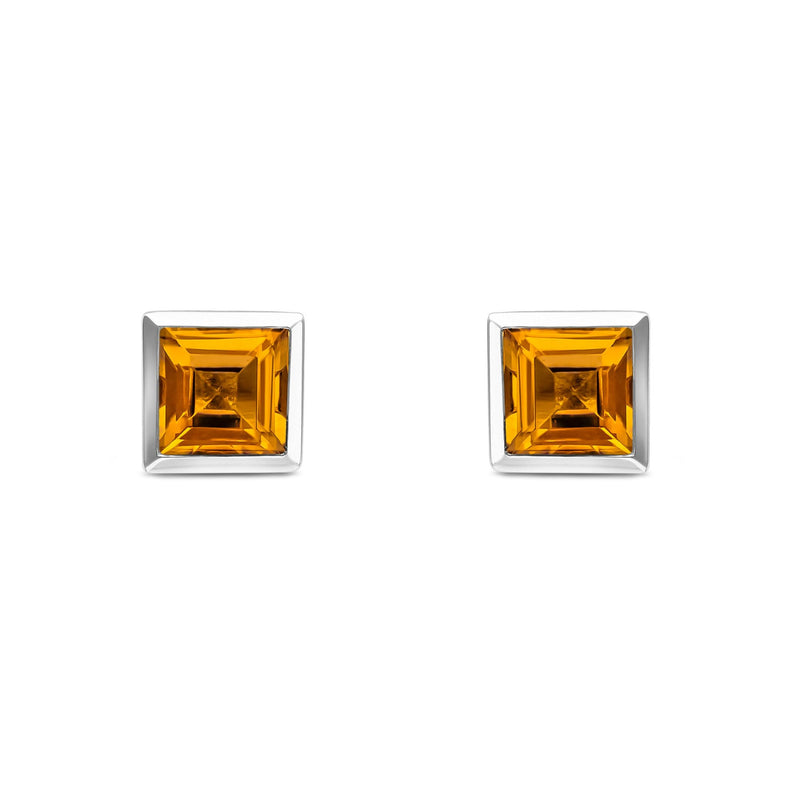 9ct White Gold Square Natural Citrine Rubover Stud Earrings — 5mm