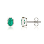 9ct White Gold Oval Natural Emerald Rubover Stud Earrings — 6x4mm