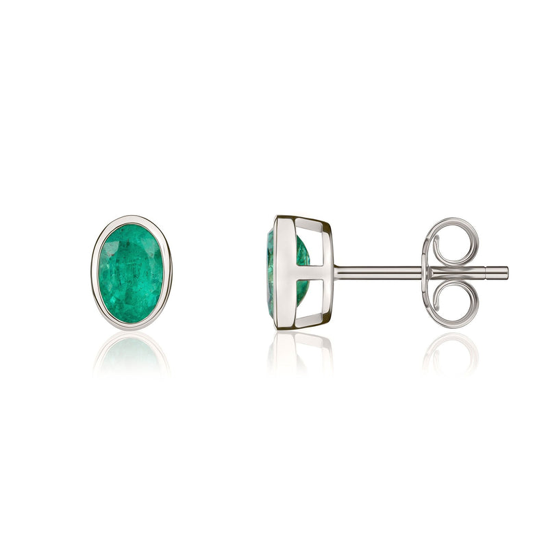 9ct White Gold Oval Natural Emerald Rubover Stud Earrings — 6x4mm