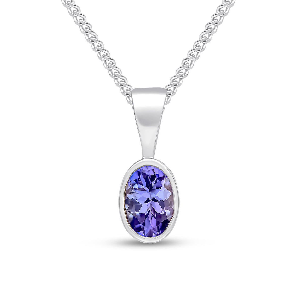 9ct White Gold Oval Natural Tanzanite Rubover Pendant — 6x4mm