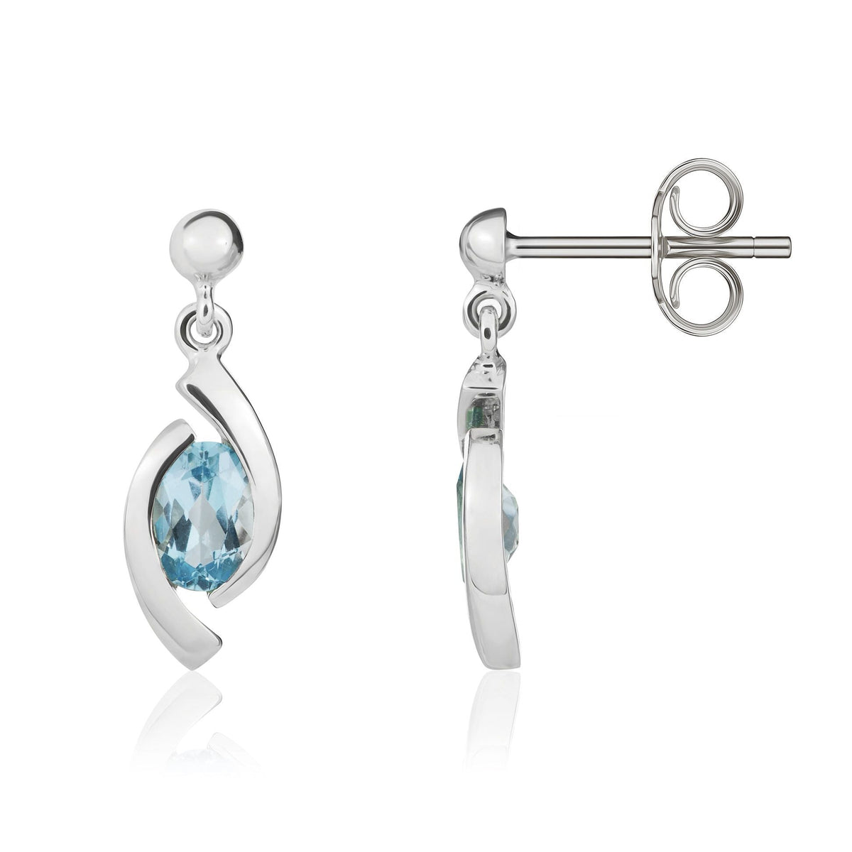 9ct White Gold Oval Natural Swiss Blue Topaz 'Eye' Drop Earrings — 6x4mm