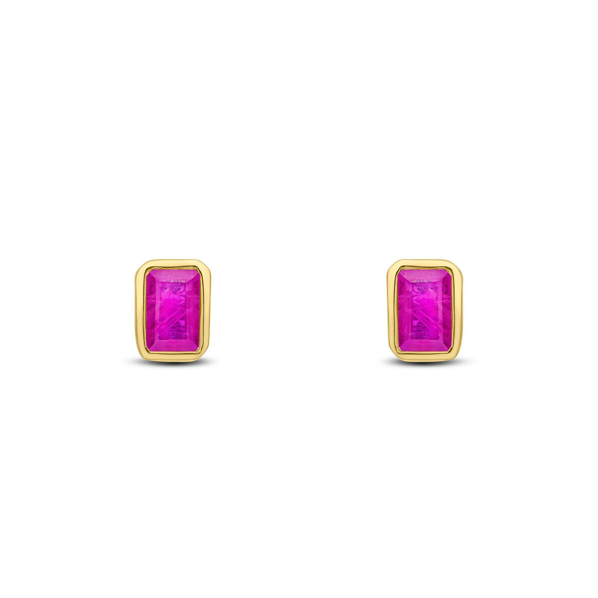9ct Yellow Gold Octagonal Emerald Cut Natural Ruby Rubover Stud Earrings — 5x3mm