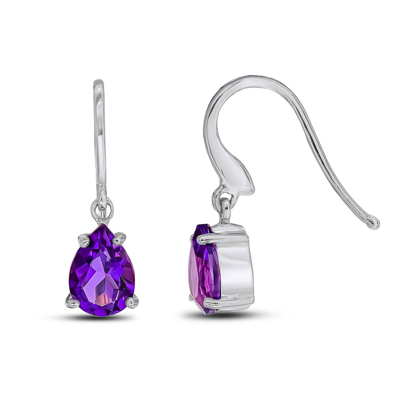 9ct White Gold Pear Shaped Natural Amethyst Claw Wire Hook Drop Earrings