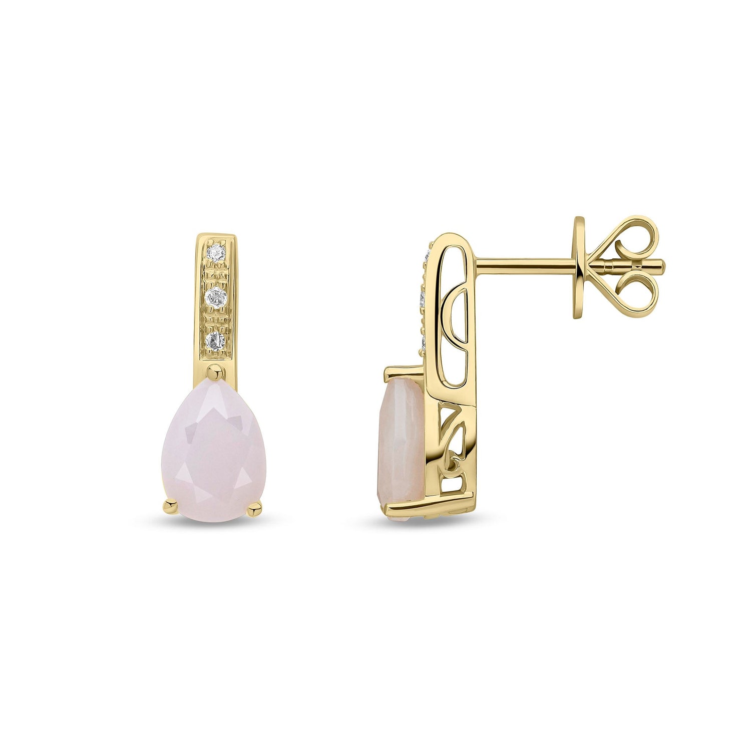 9ct Yellow Gold Natural Pink Opal and Diamond Teardrop Drop Earrings