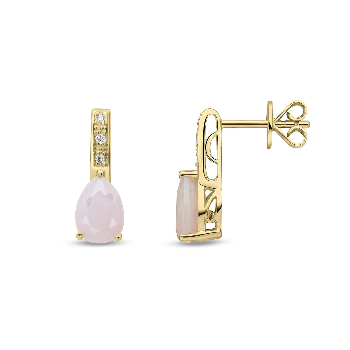 9ct Yellow Gold Pear Shaped Natural Pink Opal & Diamond Drop Earrings — 7x5mm
