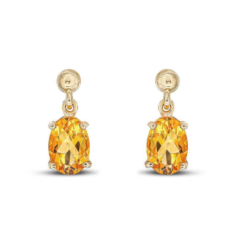 9ct Yellow Gold Oval Natural Citrine Claw Drop Earrings — 7x5mm