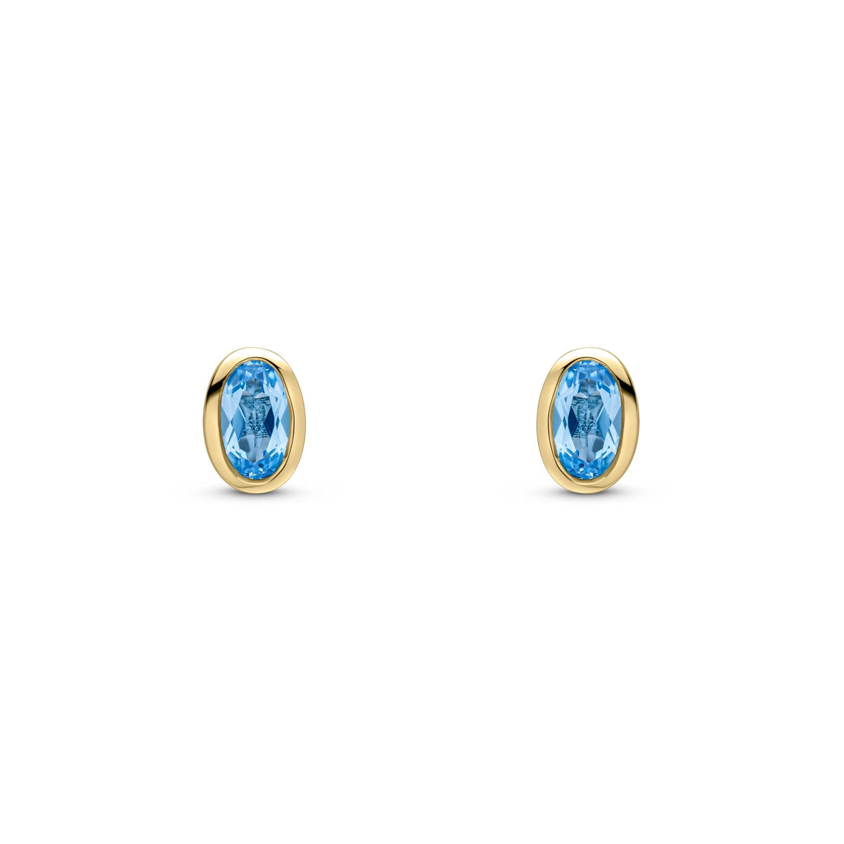 9ct Yellow Gold Oval Natural Swiss Blue Topaz Rubover Stud Earrings — 5x3mm
