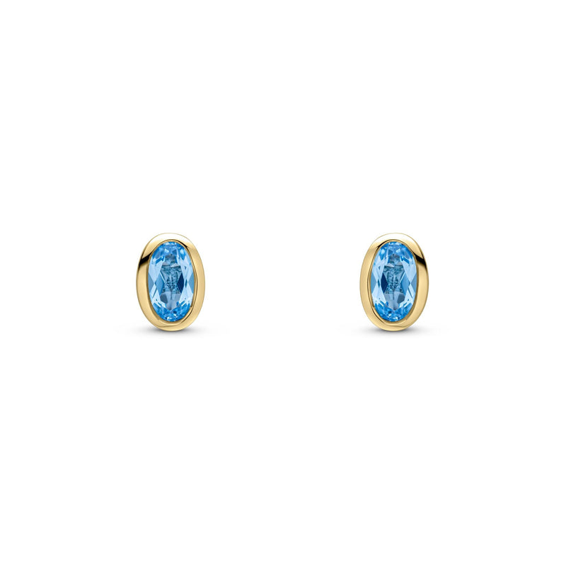 9ct Yellow Gold Oval Natural Swiss Blue Topaz Rubover Stud Earrings — 5x3mm