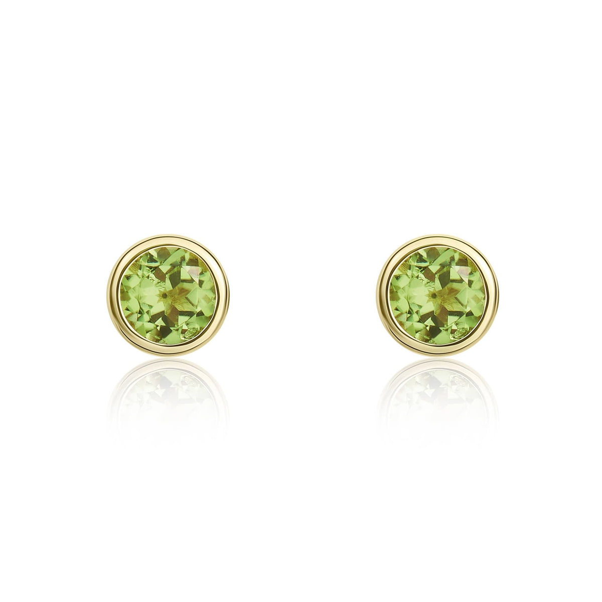 9ct Yellow Gold Round Natural Peridot Rubover Stud Earrings — 3mm