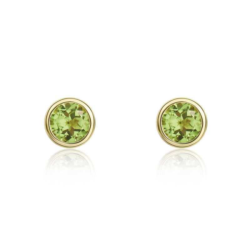 9ct Yellow Gold Round Natural Peridot Rubover Stud Earrings — 3mm