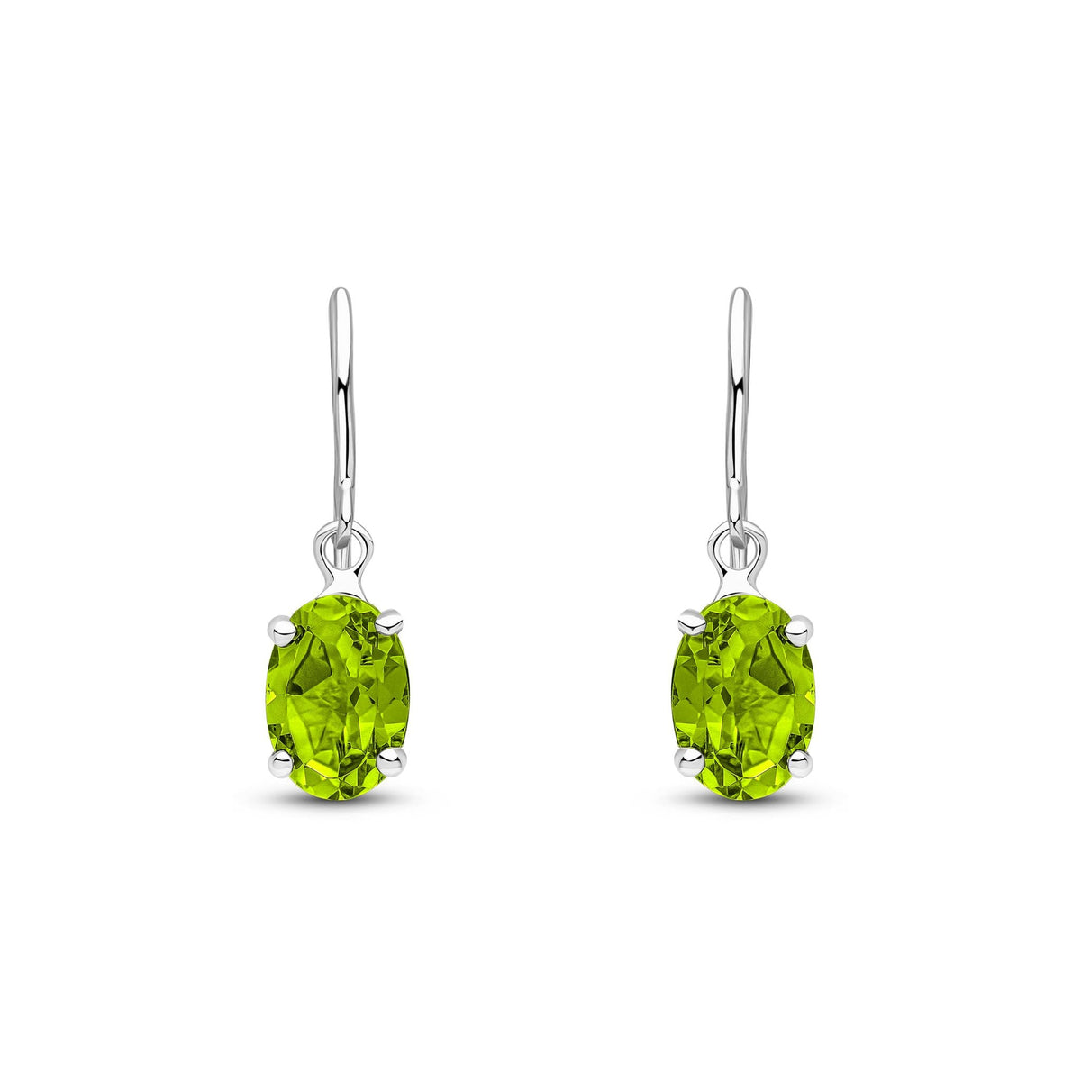 9ct White Gold Oval Natural Peridot Claw Hook Wire Drop Earrings — 7x5mm