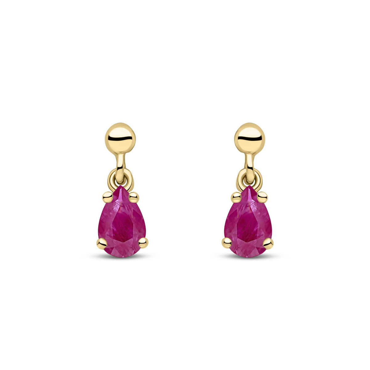 9ct Yellow Gold Pear Shaped Natural Ruby Claw Drop Earrings — 6x4mm