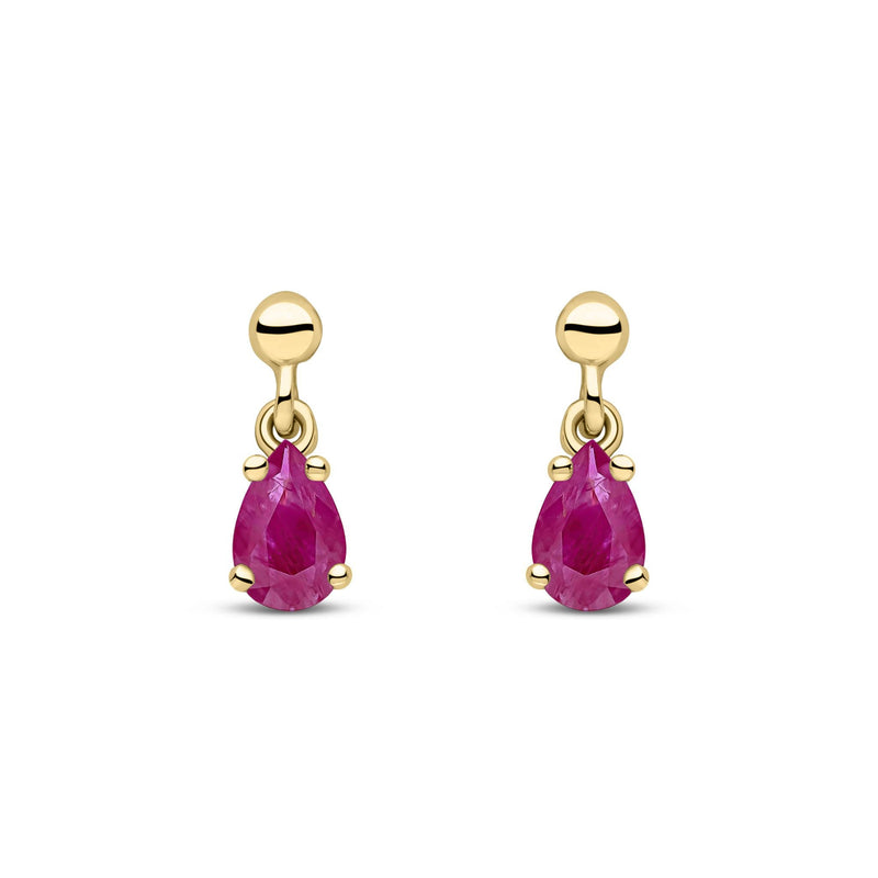 9ct Yellow Gold Pear Shaped Natural Ruby Claw Drop Earrings — 6x4mm