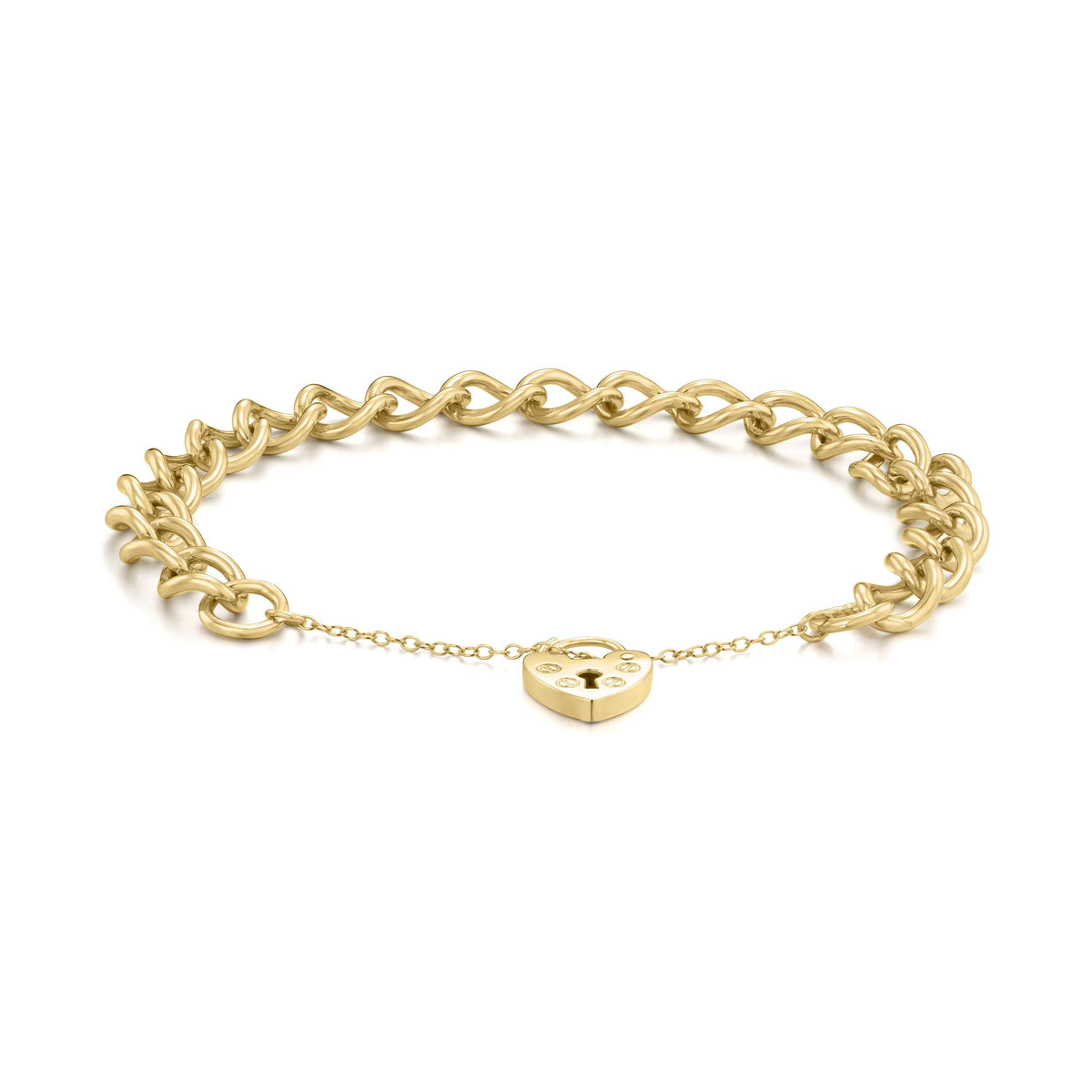 9ct Yellow Gold 9.2mm Open Curb Link Heart Padlock Bracelet