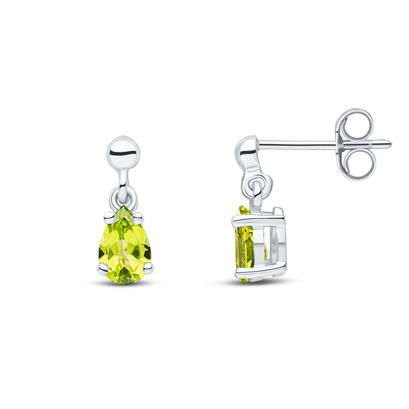 9ct White Gold Pear Shaped Natural Peridot Claw Drop Earrings — 6x4mm