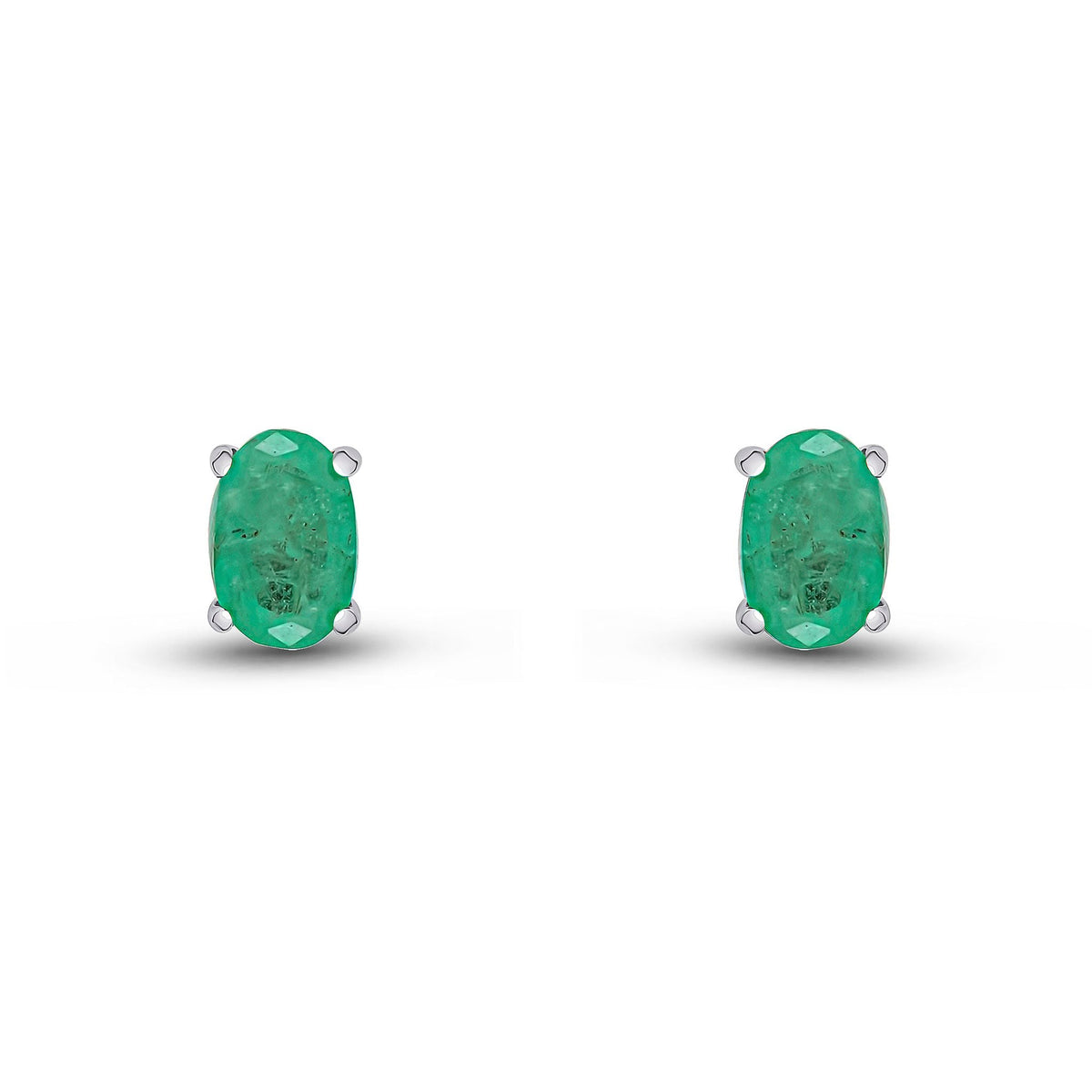 9ct White Gold Oval Natural Emerald Claw Stud Earrings — 6x4mm