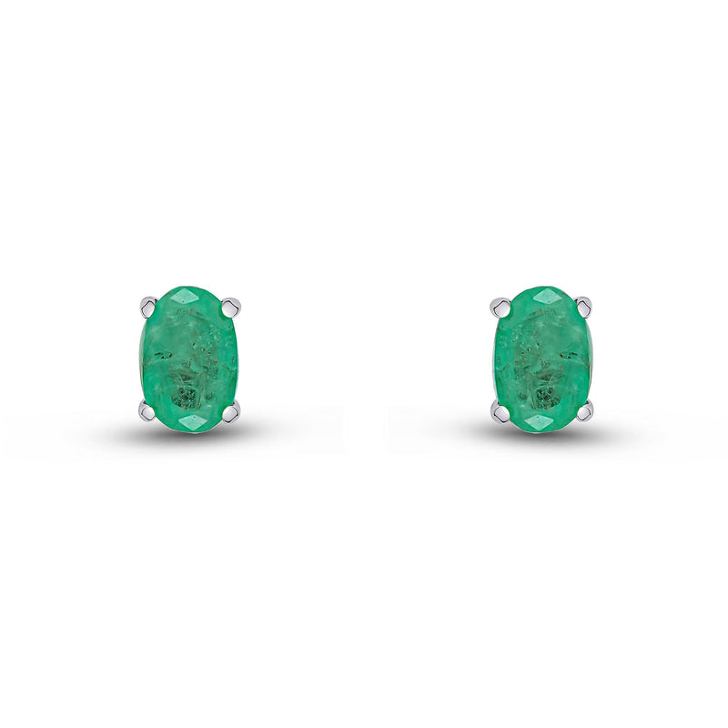 9ct White Gold Oval Natural Emerald Claw Stud Earrings — 6x4mm