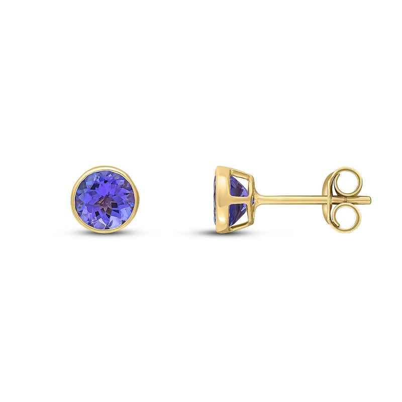 9ct Yellow Gold Round Natural Tanzanite Rubover Stud Earrings — 5mm