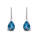 9ct White Gold Pear Shaped Natural London Blue Topaz Claw Wire Hook Drop Earrings