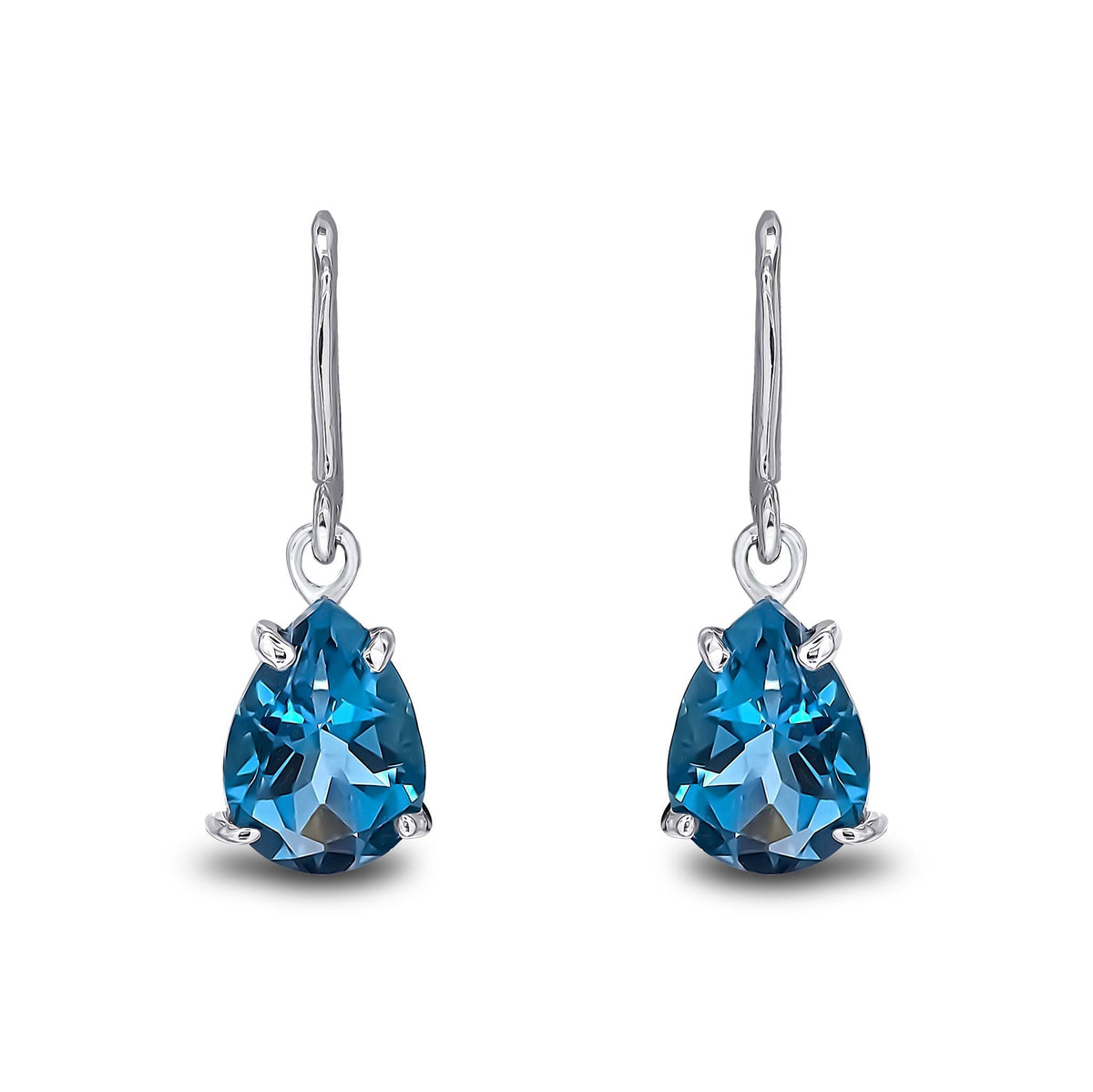 9ct White Gold Pear Shaped Natural London Blue Topaz Claw Wire Hook Drop Earrings