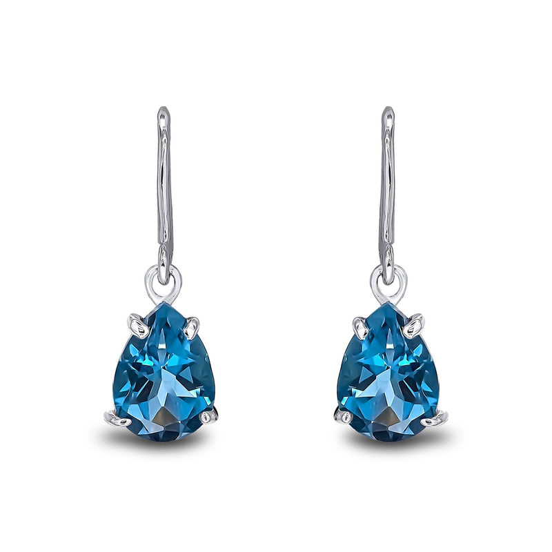 9ct White Gold Pear Shaped Natural London Blue Topaz Claw Wire Hook Drop Earrings