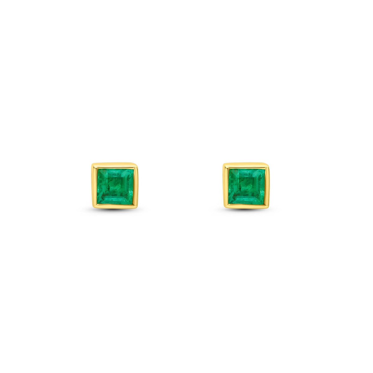 9ct Yellow Gold Square Natural Emerald Rubover Stud Earrings — 3mm