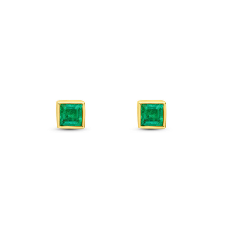 9ct Yellow Gold Square Natural Emerald Rubover Stud Earrings — 3mm