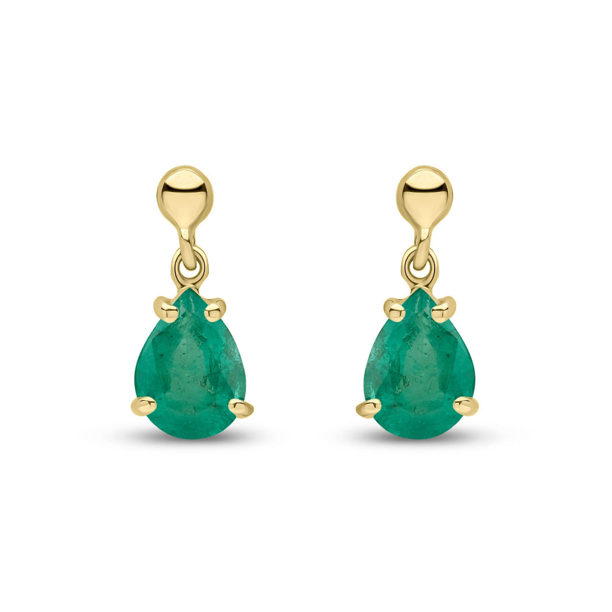 9ct Yellow Gold Pear Shaped Natural Emerald Claw Drop Earrings — 7x5mm
