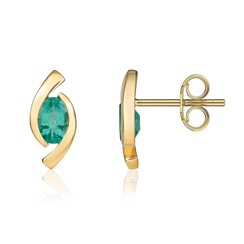 9ct Yellow Gold Oval Natural Emerald 'Eye' Stud Earrings — 6x4mm