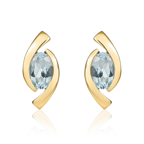 9ct Yellow Gold Oval Natural Aquamarine 'Eye' Stud Earrings — 6x4mm