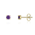 9ct Yellow Gold Round Natural Amethyst Claw Stud Earrings — 3mm