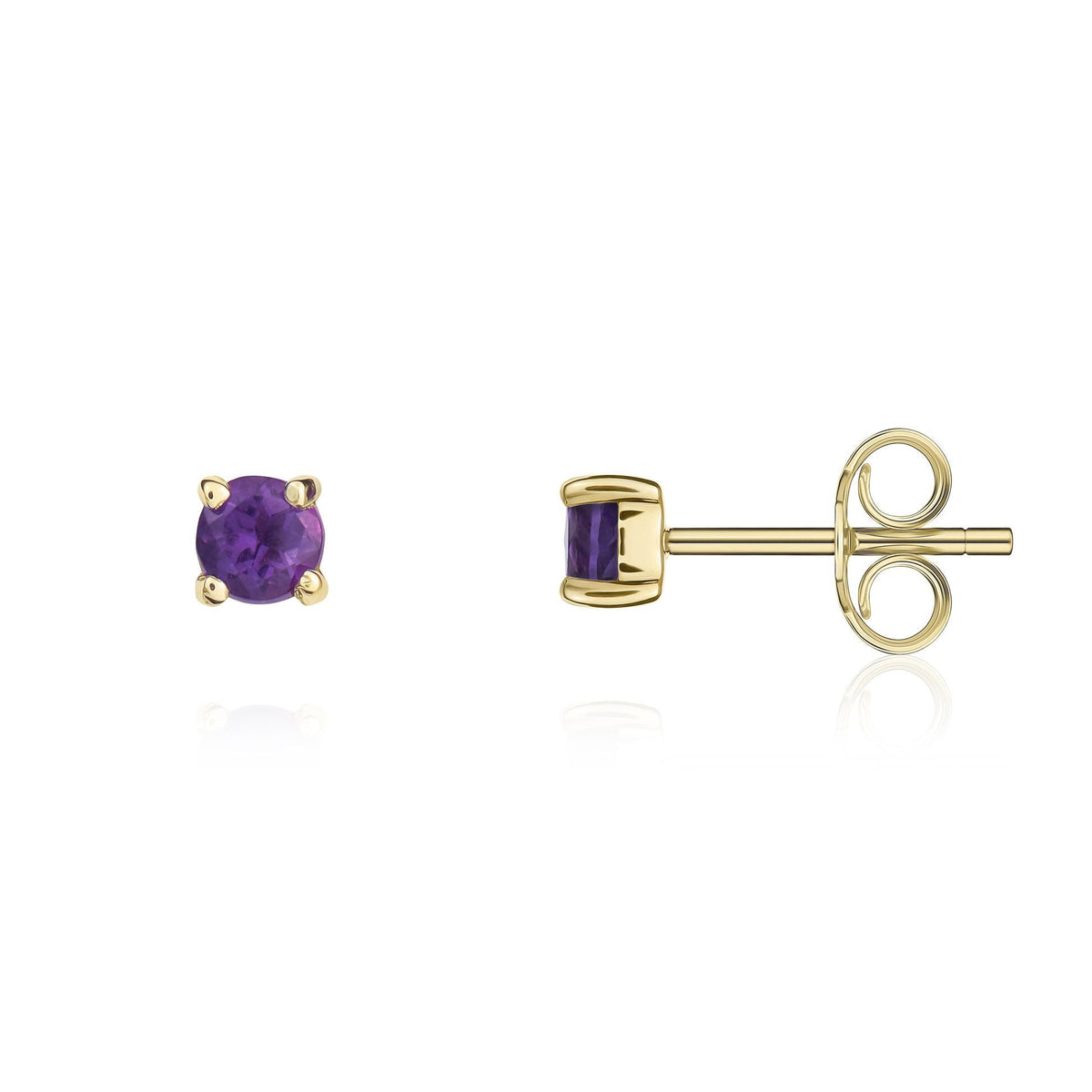 9ct Yellow Gold Round Natural Amethyst Claw Stud Earrings — 3mm